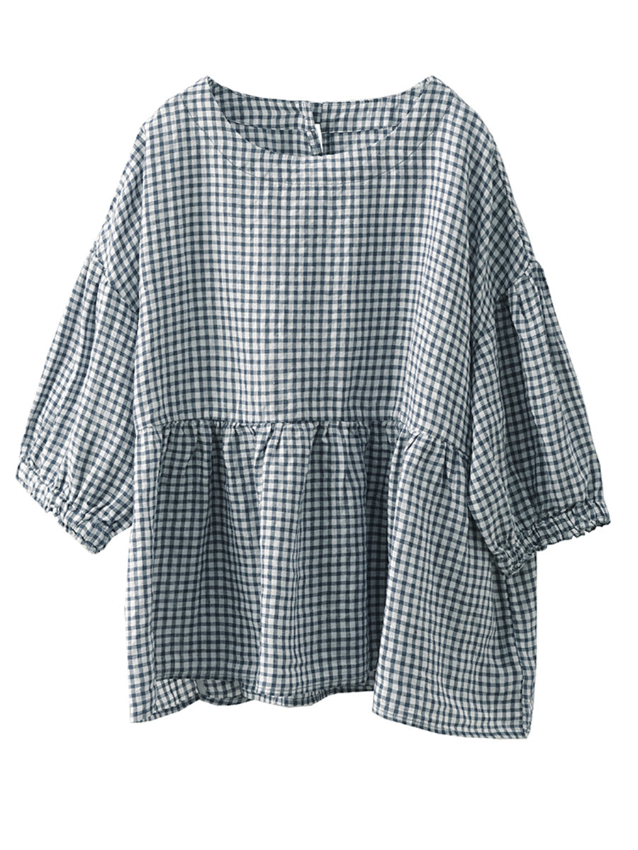 Women Summer Vintage Plaid Spliced Linen Shirt