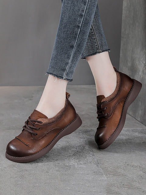 Women Vintage Genuine Leather Spliced Low Heel Shoes