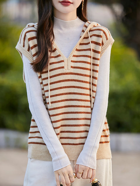 Women Autumn Stripe 100%Wool Knit Hooded Vest