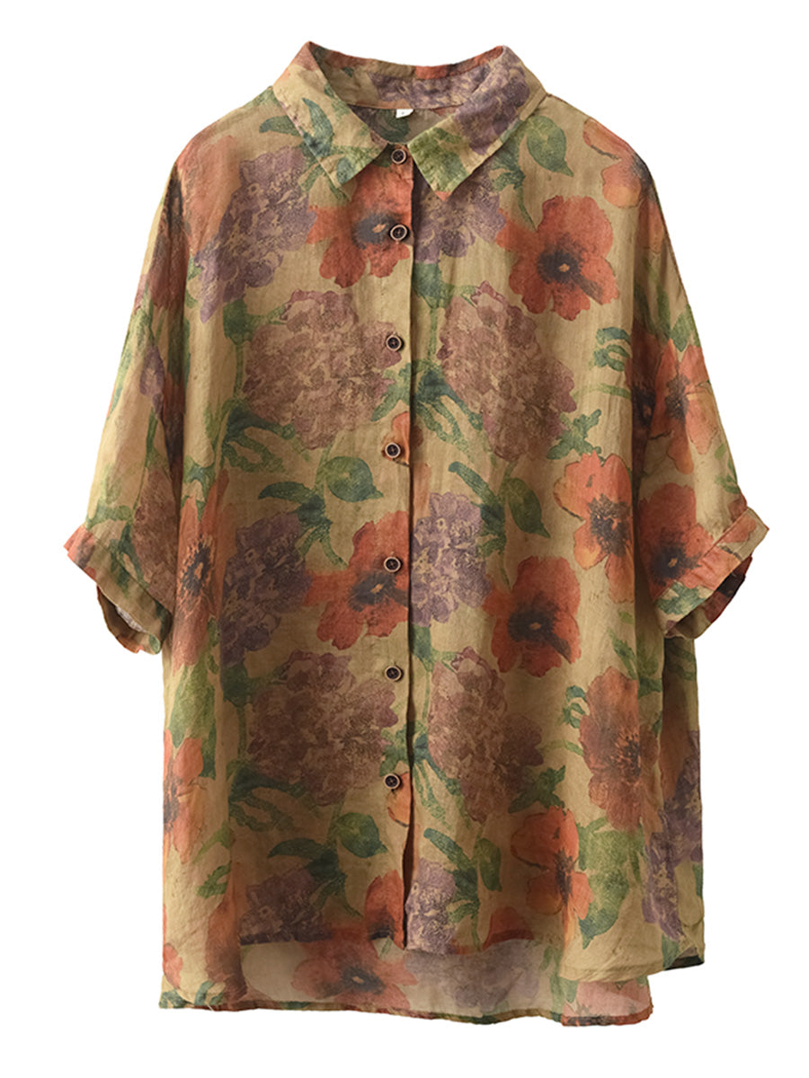 Women Summer Vintage Flower Patch Spliced Ramie Shirt