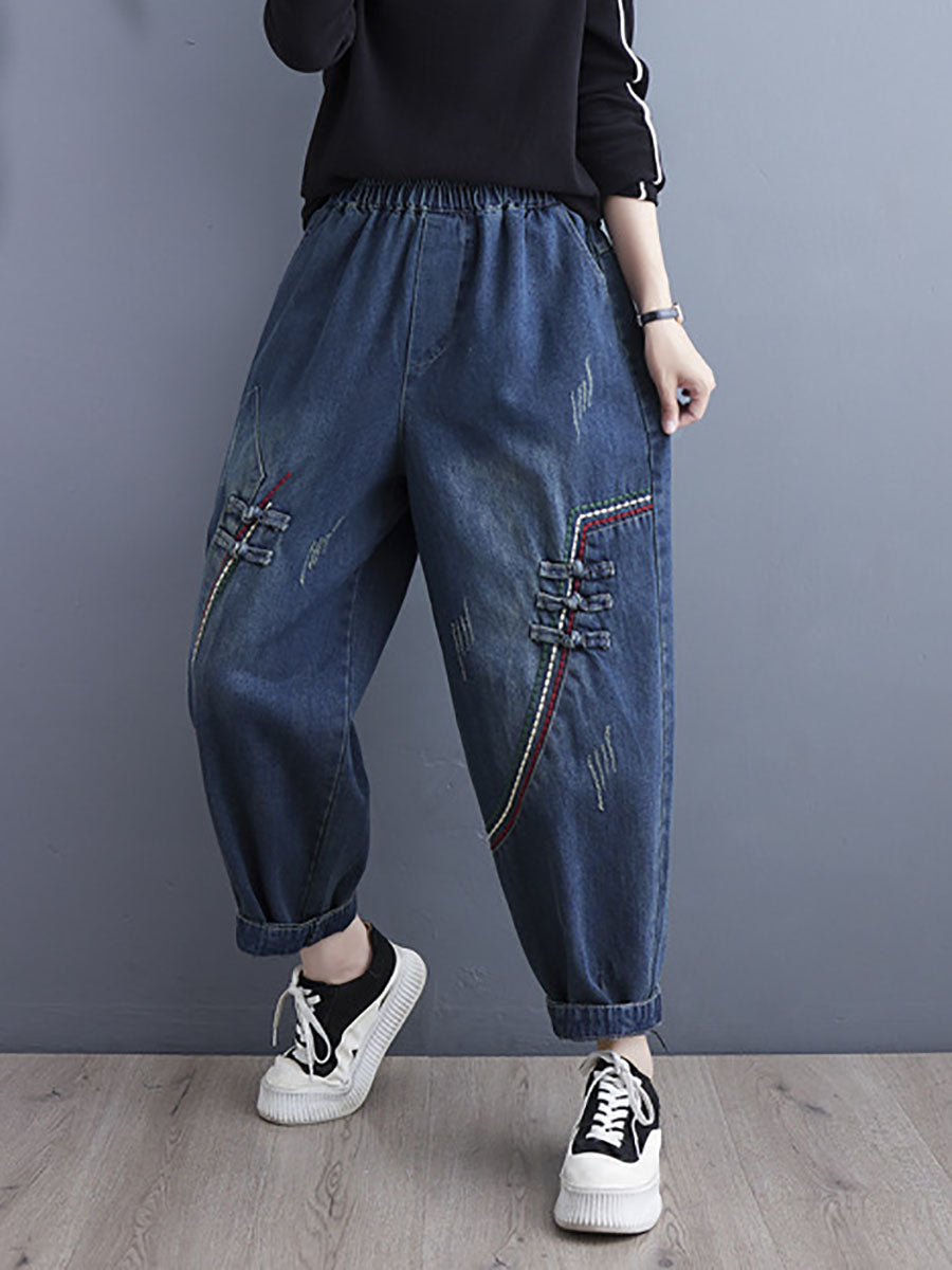 Women Retro Spring Spliced Denim Harem Pants