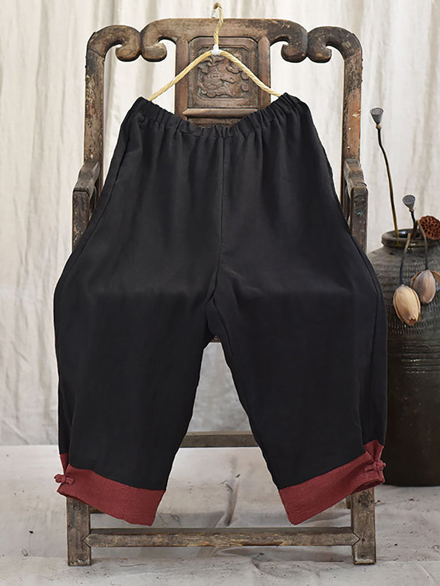 Women Autumn Vintage Colorblock Linen Wide-leg Pants