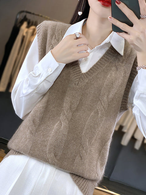 Women Casual Autumn Wool V-Neck Cable Knit Vest