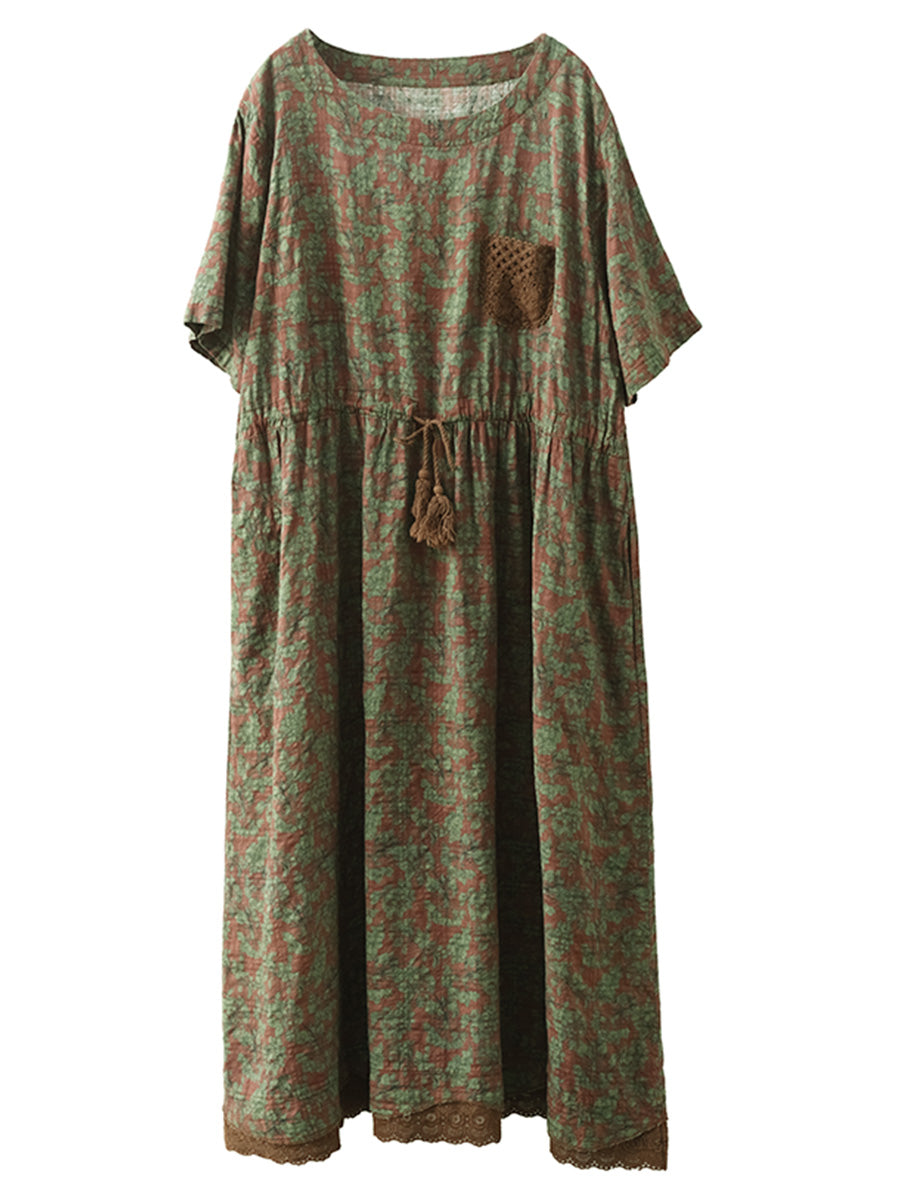 Women Artsy Floral Spliced Strap O-Neck Cotton Linen Dress