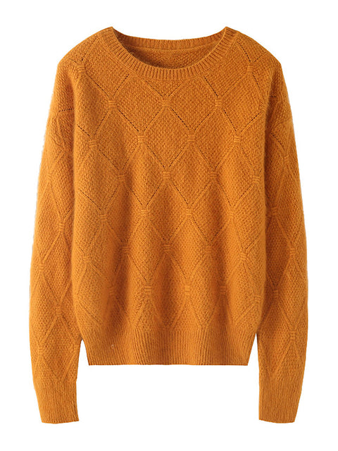 Women Autumn O-Neck Solid Rhomboids Wool Warm Knit Sweater