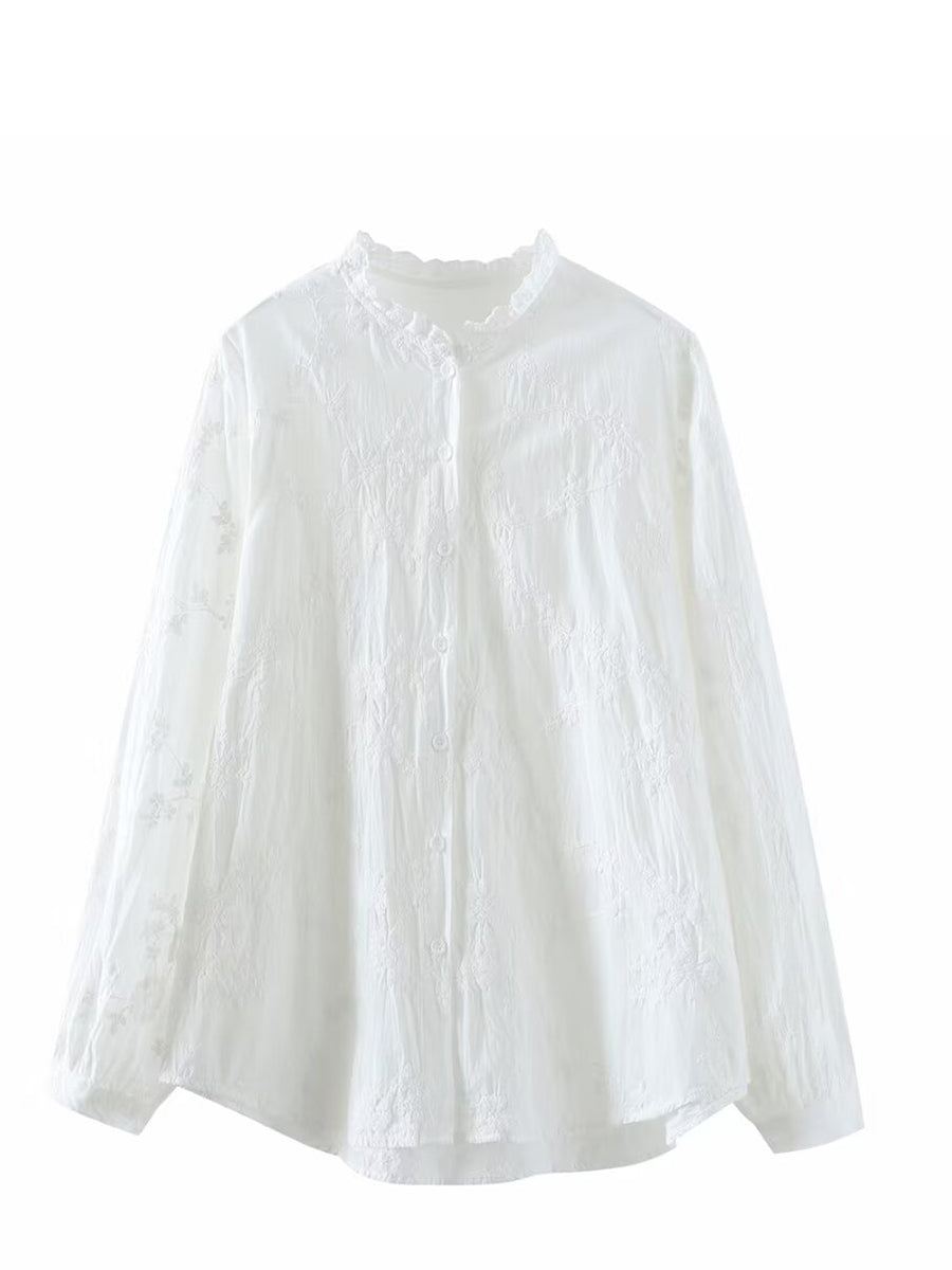 Women Spring Flower Jacquard Lacework Neck Shirt