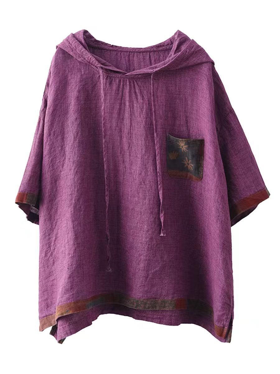 Women Summer Patch Spliced Hooded Linen Shirt