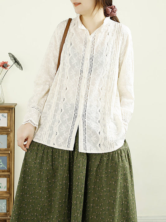 Women Autumn Vintage Embroidery Button Cotton Shirt