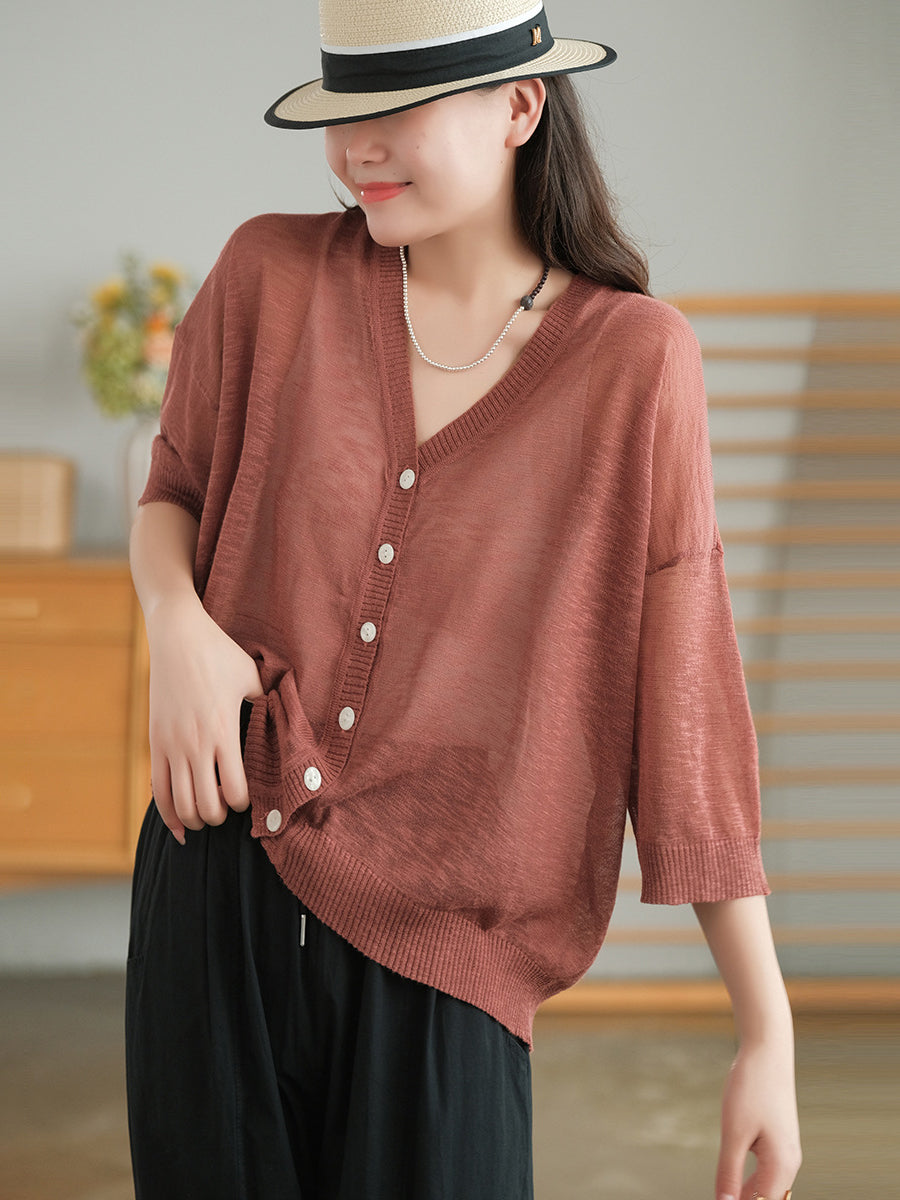 Plus Size Women Summer V-Neck Casual Loose Knit Shirt