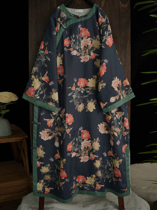 Women Summer Vintage Flower Ramie Robe Dress