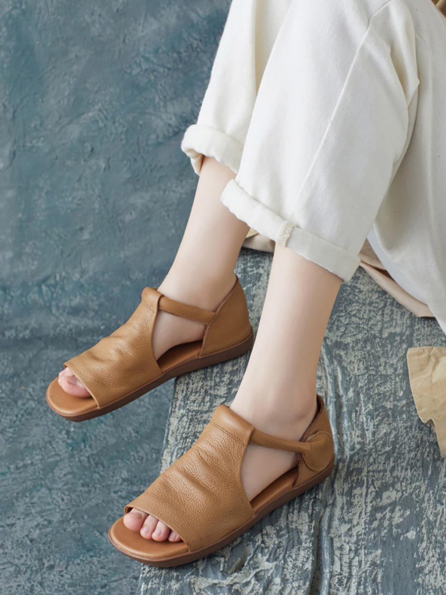 Women Summer Solid Casual Leather Flat Sandals