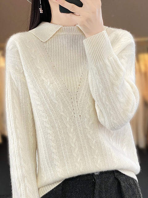 Women Autumn Soft Solid Knit 100%Wool Turn-down Collar Sweater