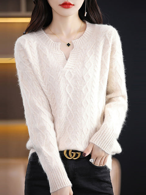 Women Autumn V-Neck Wool Twist Knit Sweater