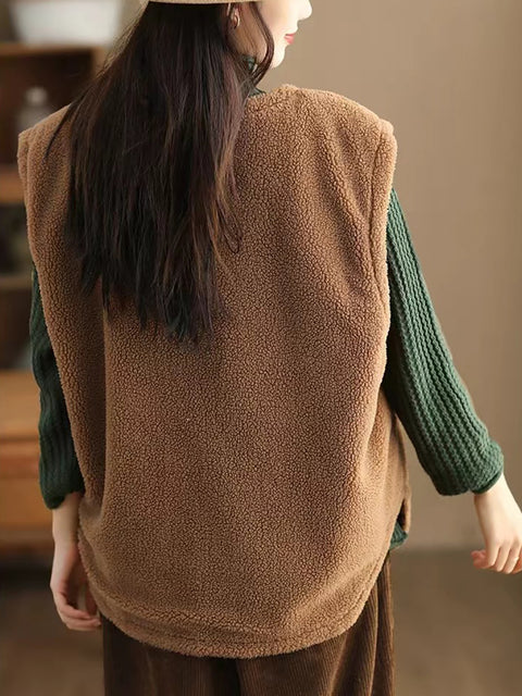 Women Casual Winter Solid Corduroy Plush Cotton Vest Coat