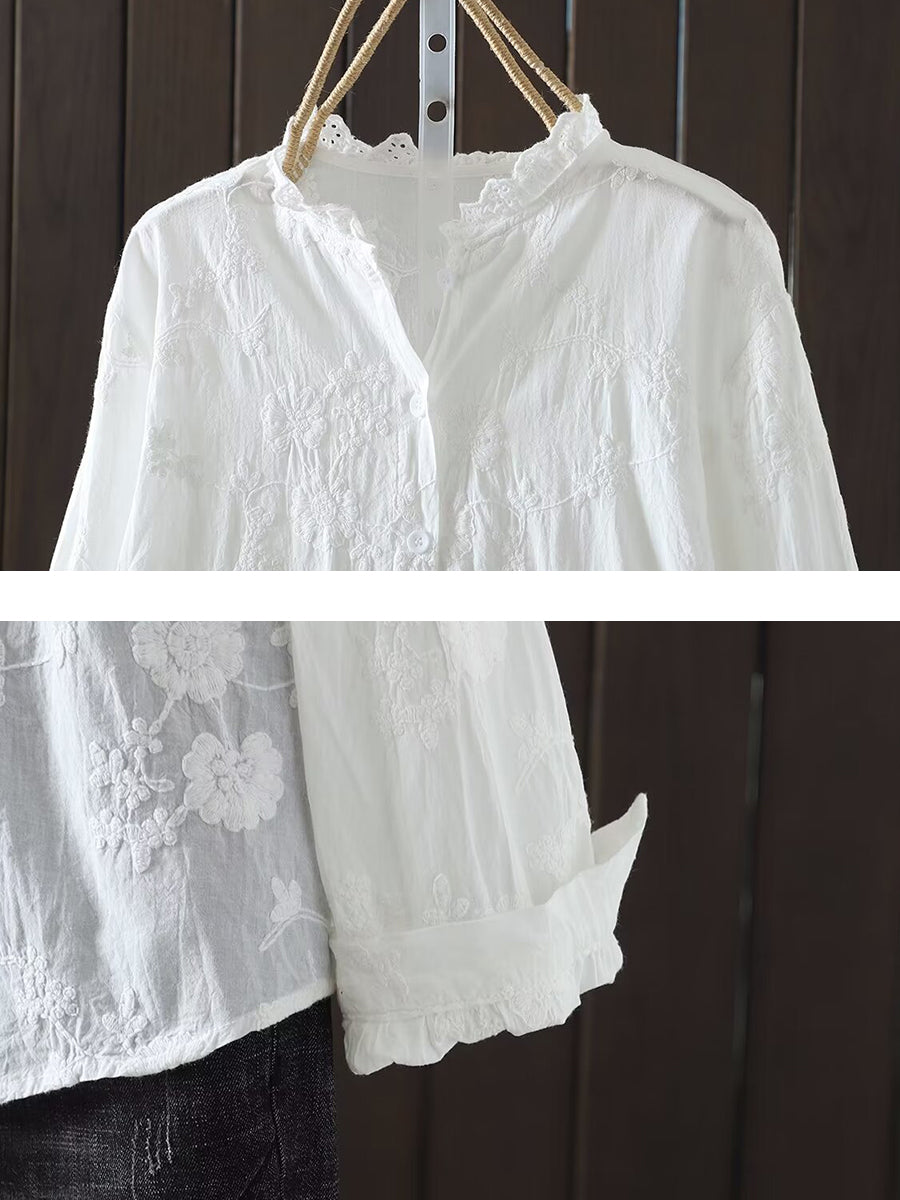 Women Spring Flower Jacquard Lacework Neck Shirt