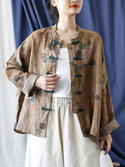 Women National Style Flower Button Loose Ramie Shirt