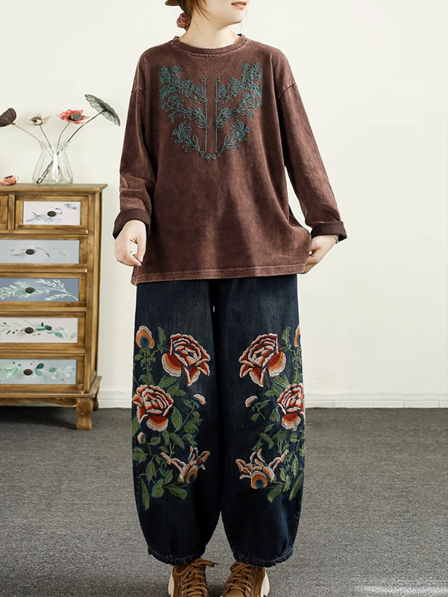 Women Autumn Flower Embroidery Denim Harem Pants