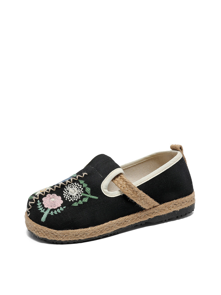 Women Artsy Summer Linen Flower Embroidery Shoes