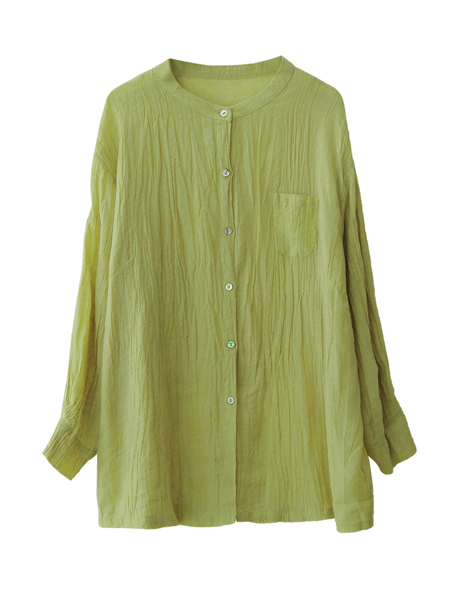 Women Autumn Artsy Shirred Button-up Ramie Shirt