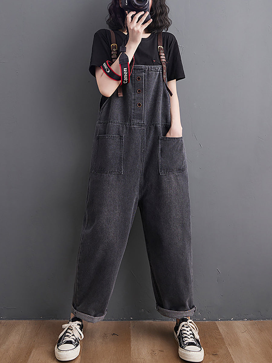 Women Retro Spring Solid Loose Denim Jumpsuits