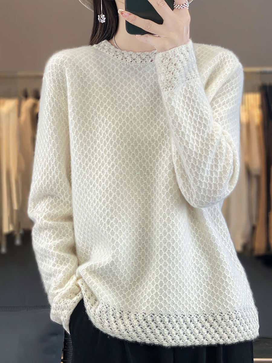 Women Winter Wool Crochet O-Neck Sweater