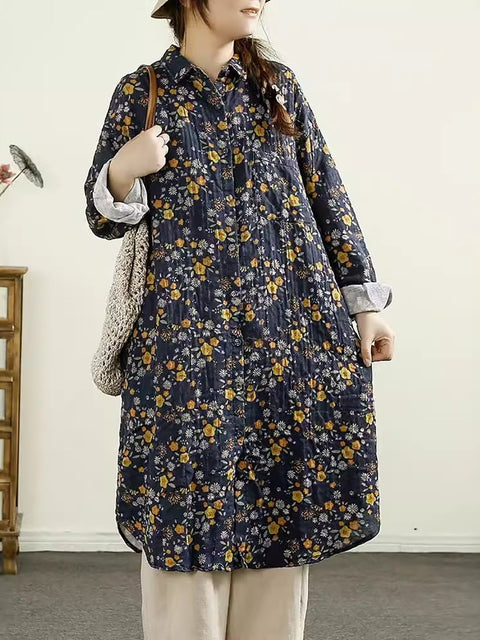 Women Vintage Autumn Flower Button-up Thin Coat