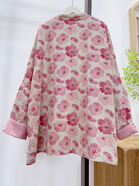 Women Retro Flower Print Pink Padded Coat