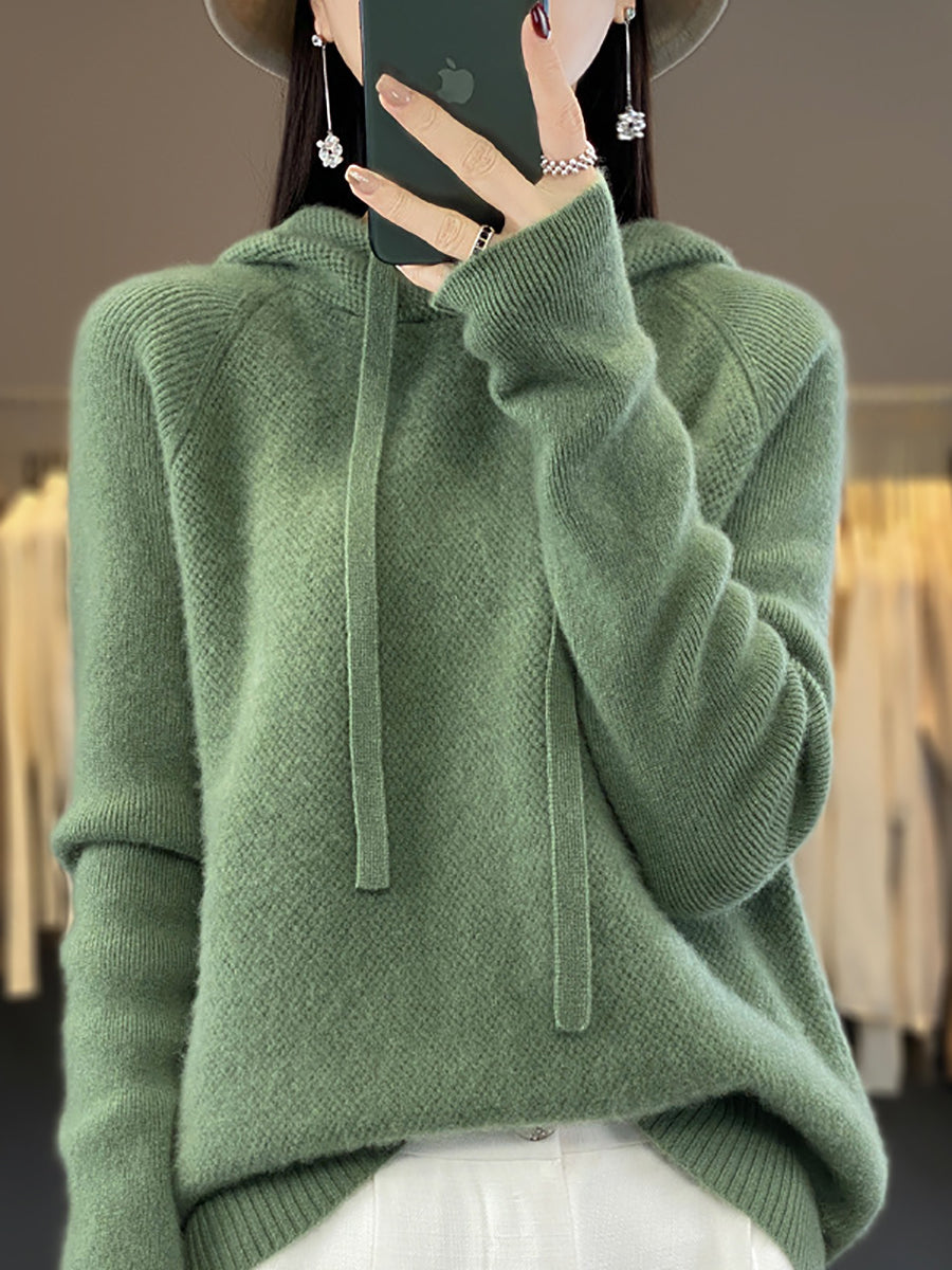 Women Winter Casual Solid Hooded Wool Sweater