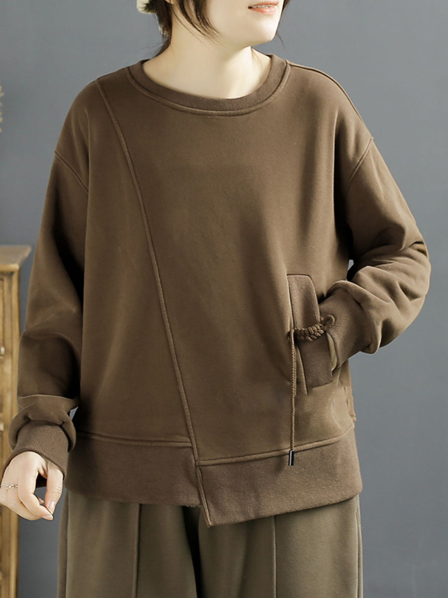 Women Winter Cotton Irregular Spliced Fleece-lined Sweatshirt