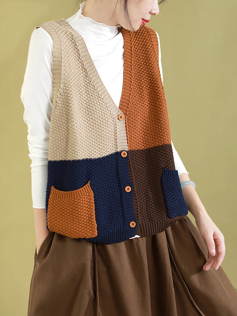 Women Autumn Colorblock Knitted V-Neck Vest