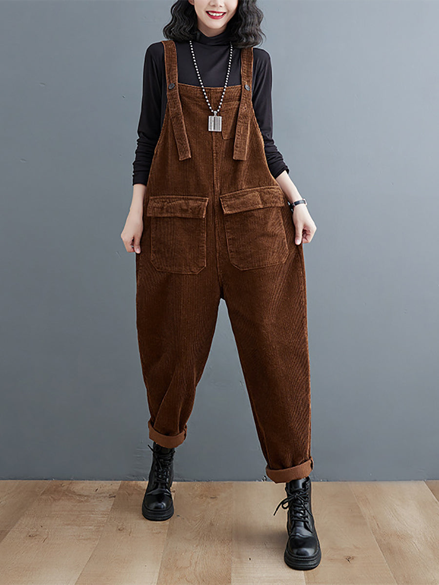 Women Vintage Solid Winter Croduroy Jumpsuits