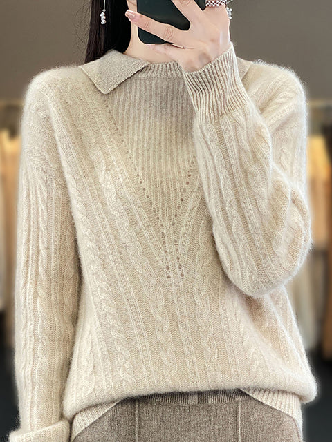 Women Autumn Soft Solid Knit 100%Wool Turn-down Collar Sweater