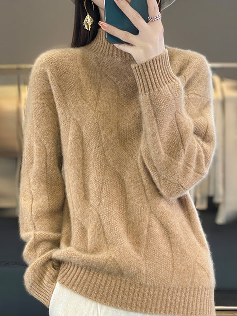 Women Autumn Cable Knit 100%Wool Turtleneck Sweater