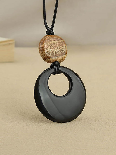 Glaze Stone Round Obsidian Pendant Necklace