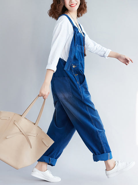 Women Retro Colorblock Autumn Denim Jumpsuits