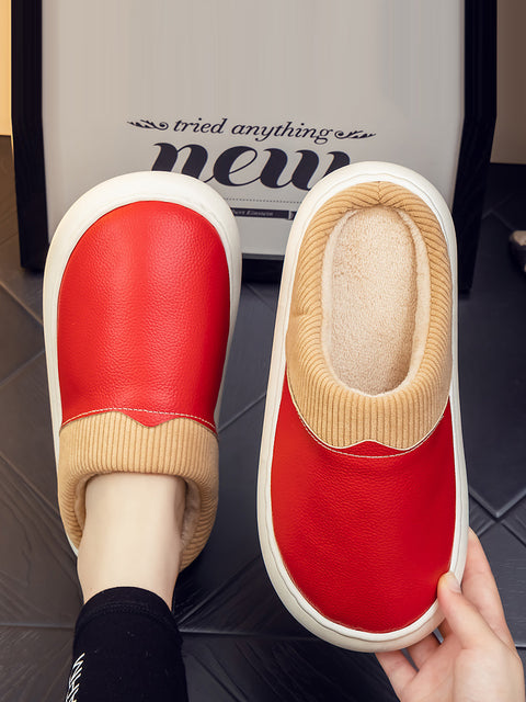 Winter Couple Leather Spliced Plush Flat Slippers