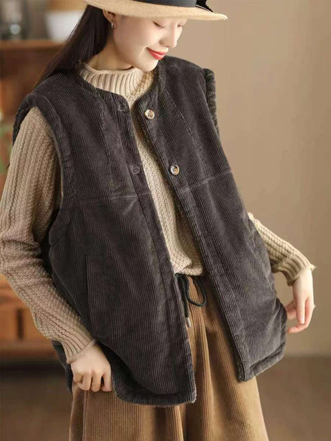 Women Casual Winter Solid Corduroy Plush Cotton Vest Coat