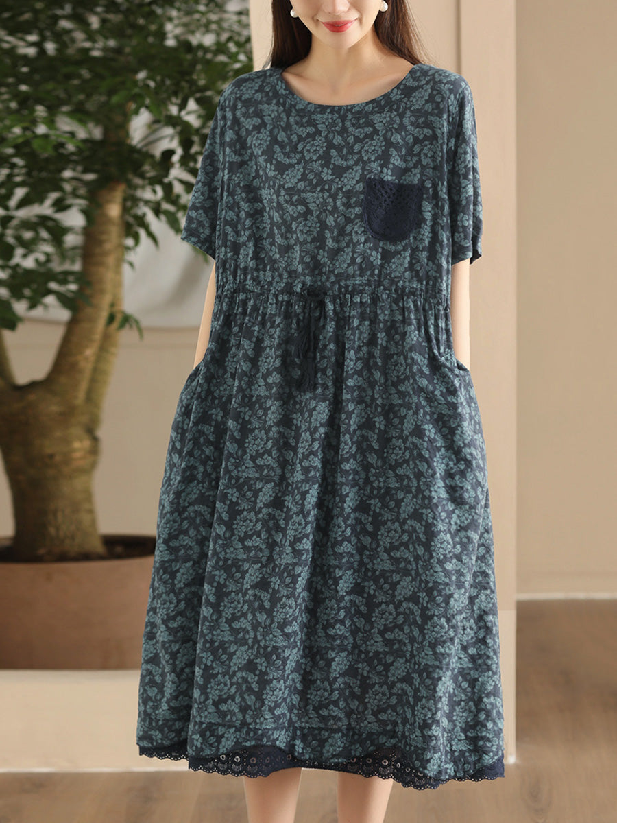 Women Artsy Floral Spliced Strap O-Neck Cotton Linen Dress