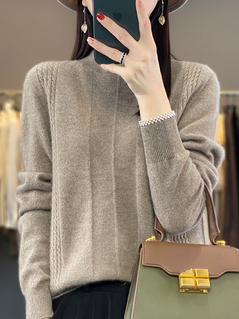 Women Autumn Half-Turtleneck Knit 100%Wool Sweater