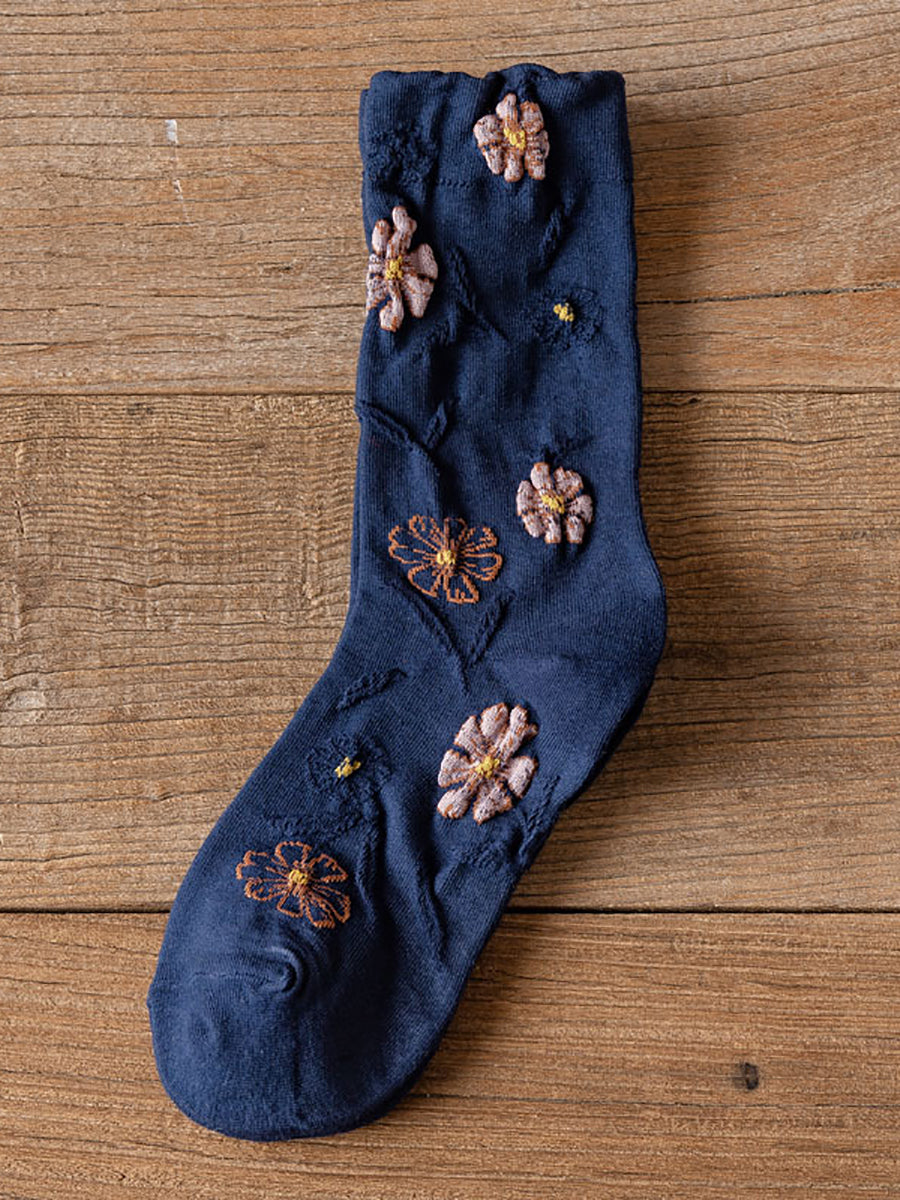 5 Pairs Women Autumn Flower Mid-calf Socks