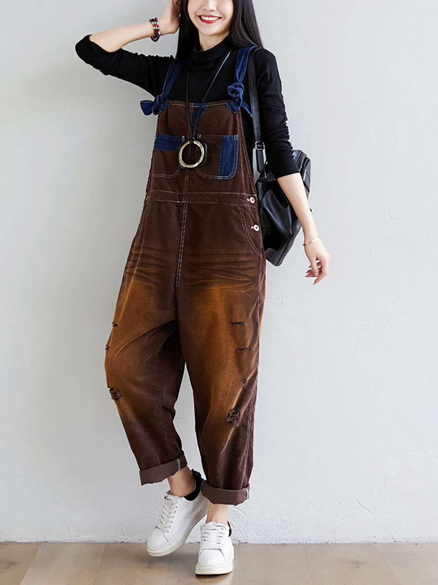 Women Retro Colorblock Autumn Denim Jumpsuits