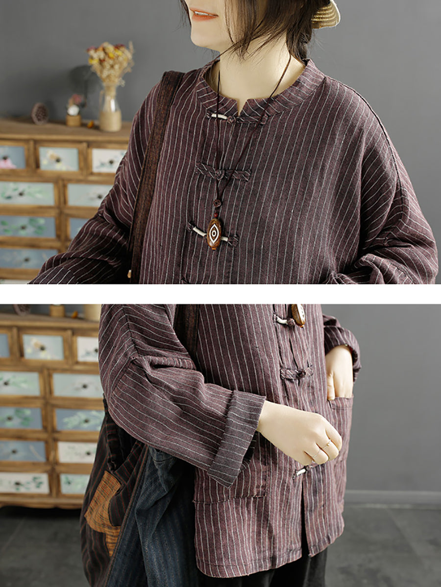 Women Spring Ethnic Stripe Loose Linen Cotton Shirt