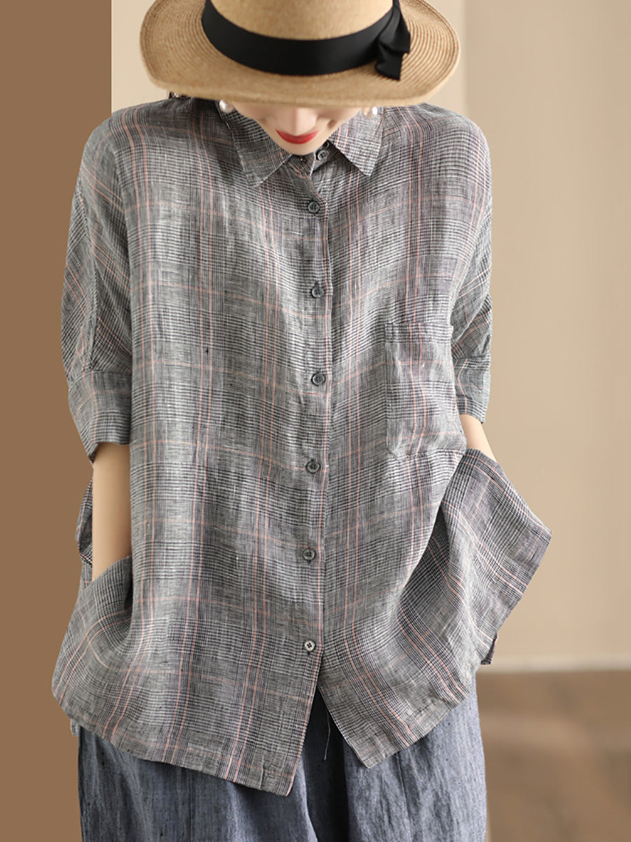 Women Retro Summer Plaid Linen Button-Up Blouse