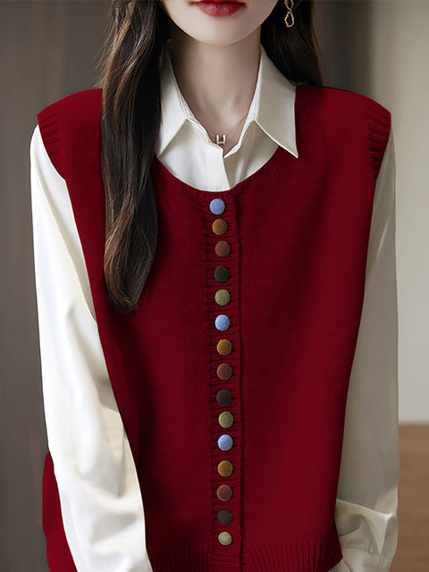 Women Casual Autumn O-Neck Colorful Button Knit Vest