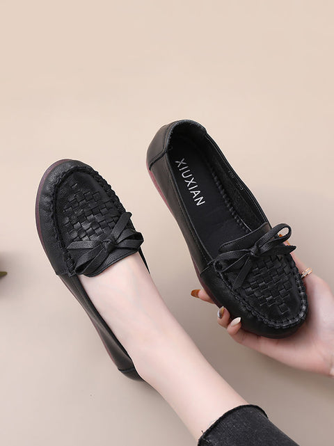 Women Summer Casual Solid Soft Leather Weave Flat Shoes