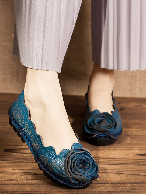 Women Artsy Genuine Leather Rose Wavy Edge Shoes