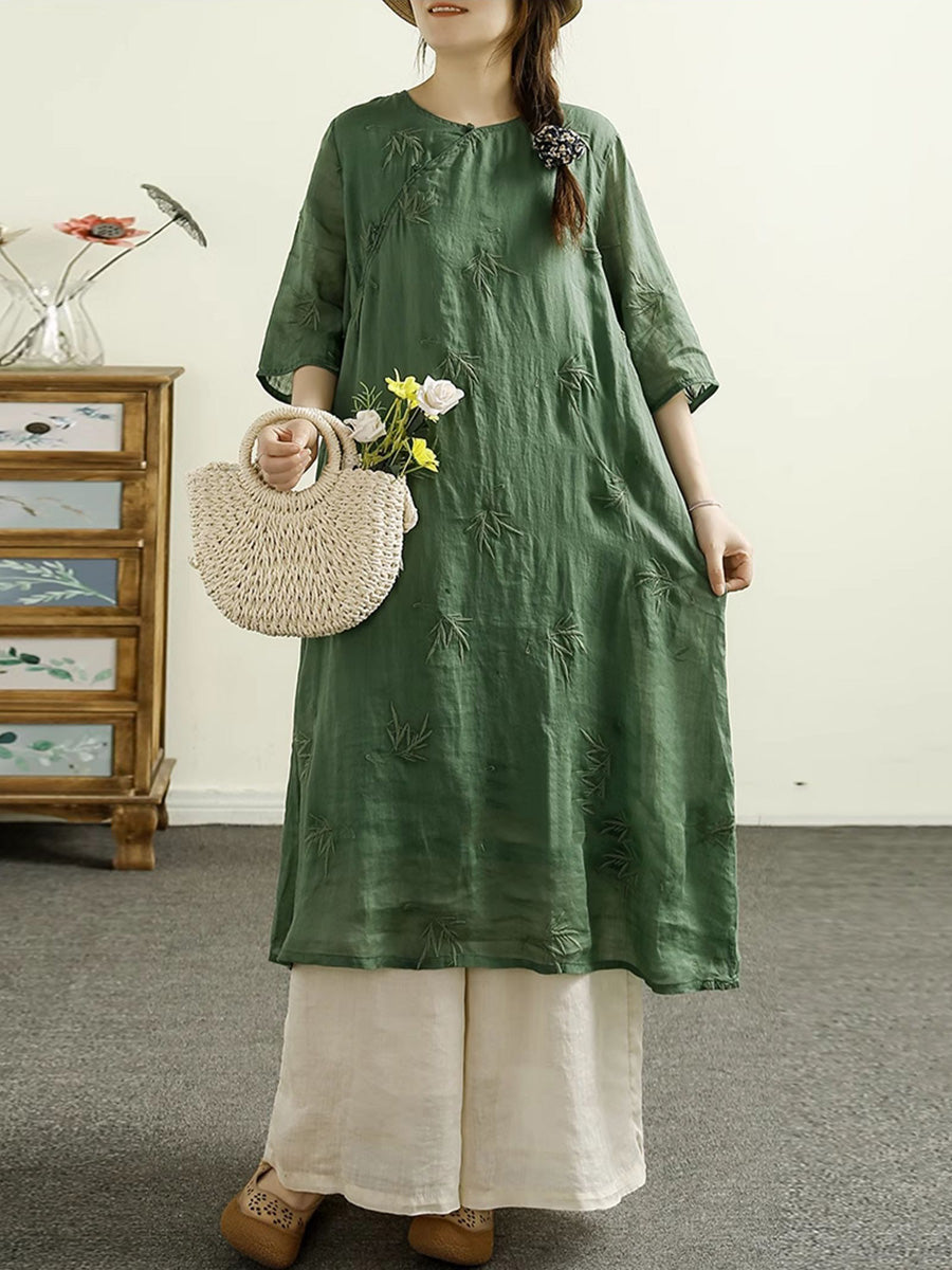 Women Summer Ethnic Embroidery Solid Robe Ramie Dress