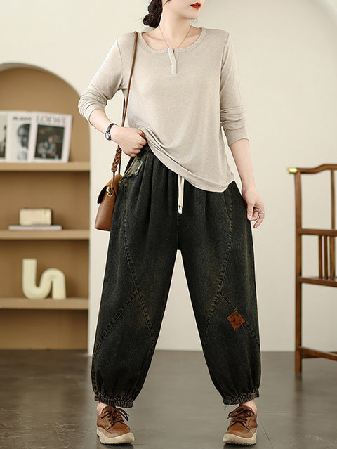 Women Spring Retro Patch Denim Harem Pants