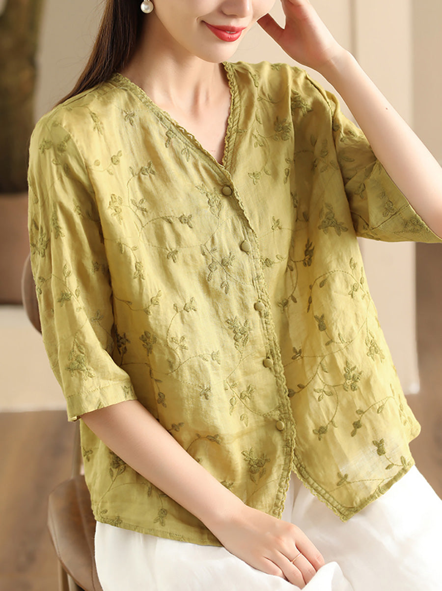 Women Vintage Flower Embroidery Button-up Ramie Shirt