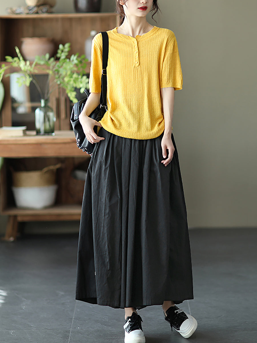 Women Summer Solid Pleat Button Pocket Wide-leg Pants